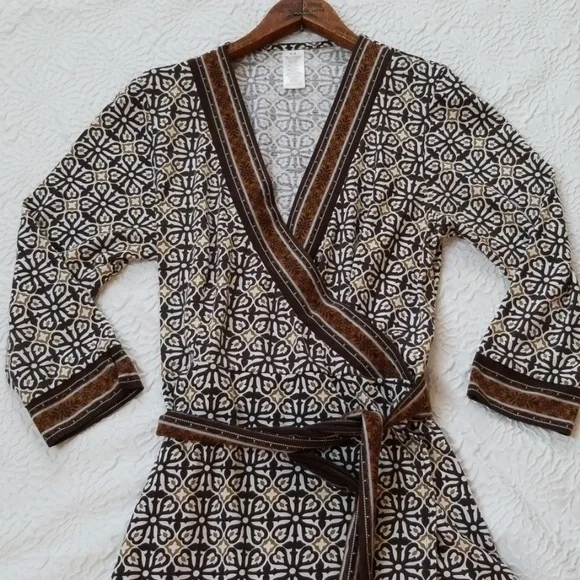 Faux Wrap Tan Brown White Tribal Print Dress - Picture 5 of 8